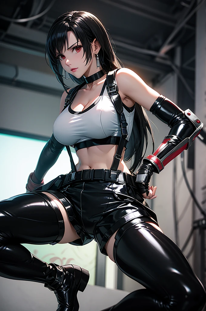 white simple background tifa Lockhart from final fantasy 7. black latex bra mini latex black shorts pants, body harness neck choker gloves latex stockings