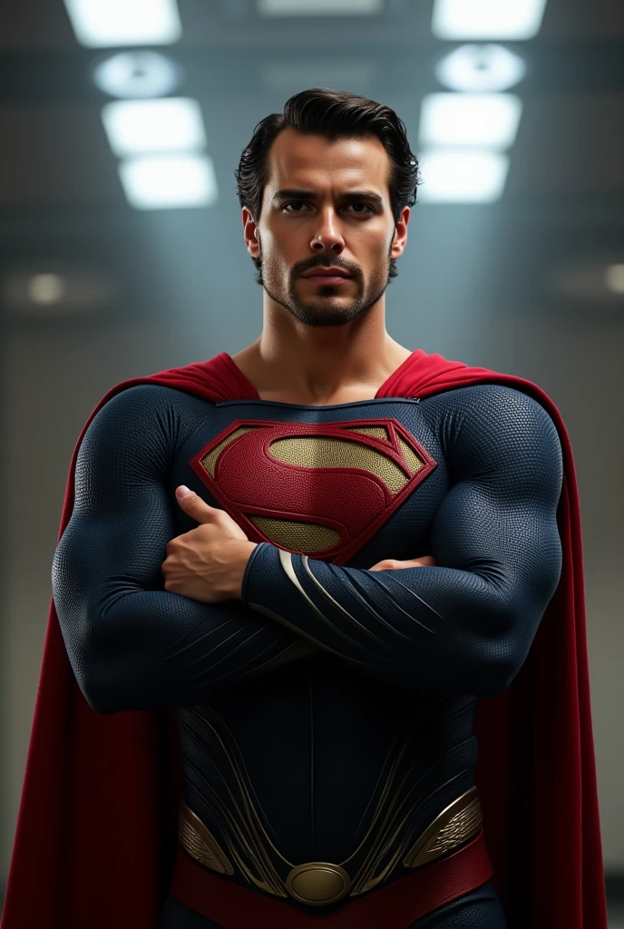 Nicholas Alexander Chavez handsome muscular, tanned skin, chiseled jaw, strong physique, dressed as Superman, small beard, Backlight, hero, Cape, Arms crossed