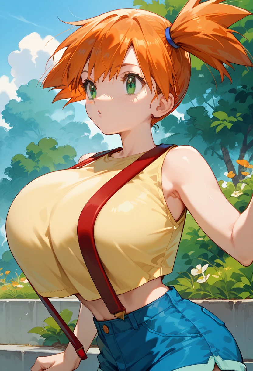 1girl, Mit, green eyes, orange hair, bangs, side ponytail, hair tie, short hair, yellow shirt, sleeveless, midriff, red suspenders, blue shorts, red sneakers, gigantic breast