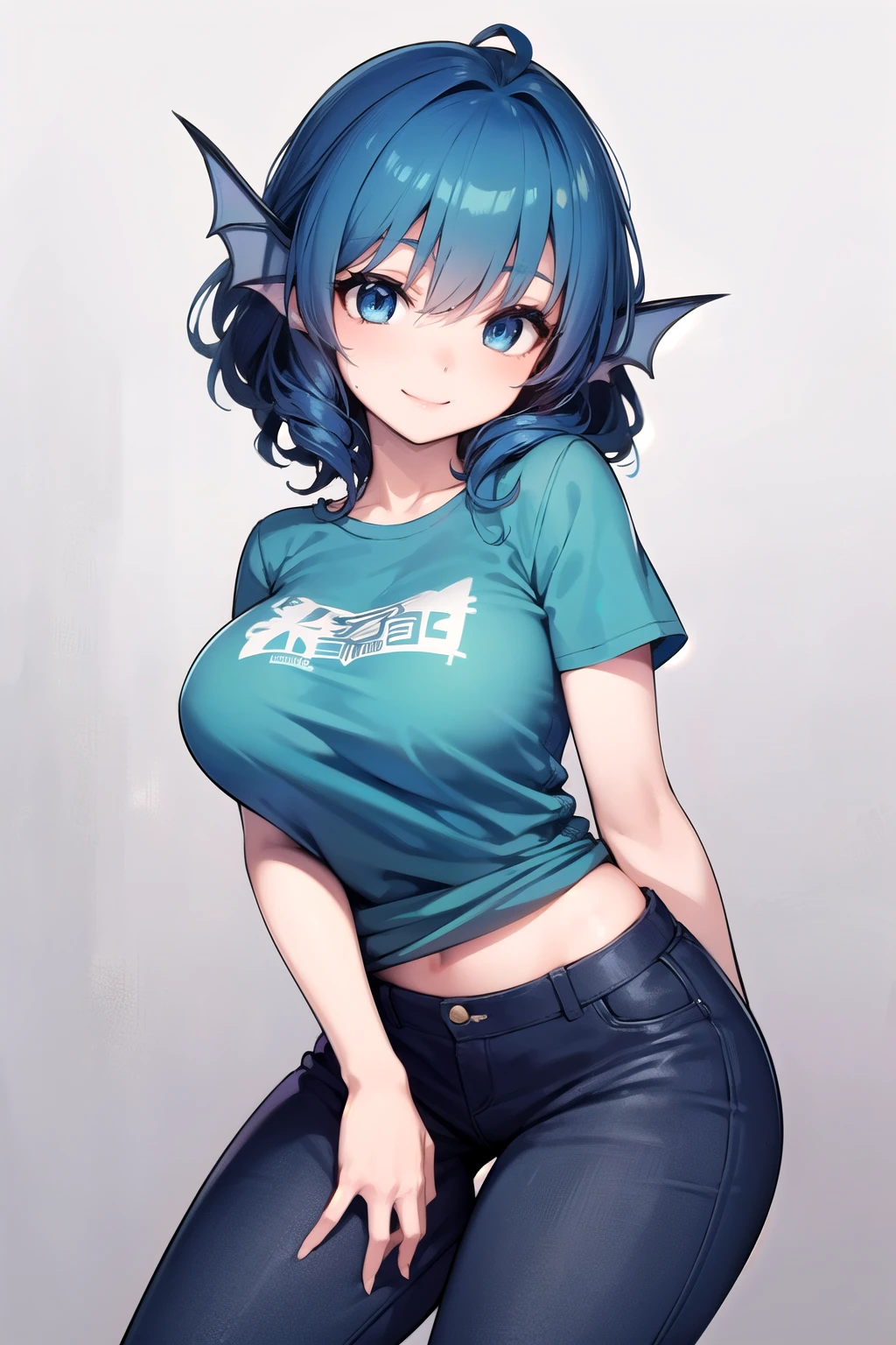 wakasagihime, 1women, age 20, big breast, blue hair, short hair, blue eyes, head fins, open pants, t-shirt, seductive smile, masterpiece, best quality.