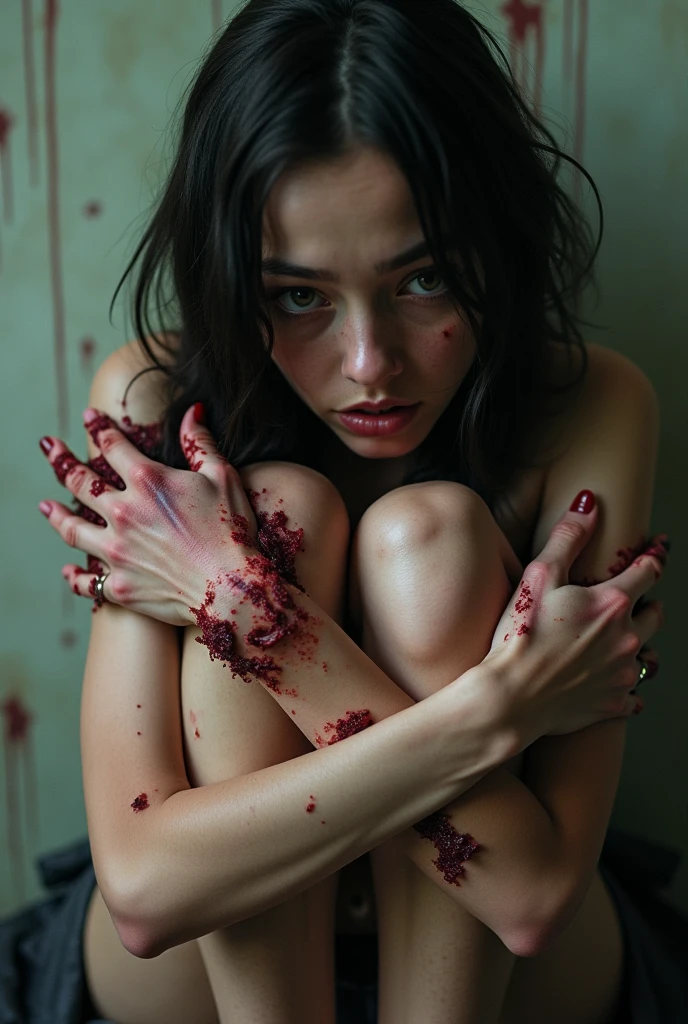 Undead sinner on her knees, forced oral sex, (oral rape:1.3), Sexual violence, hand on her head, holds her by the hair, (traces of beatings on her body:1.2), torn clothes, Sexual slavery, hellish torment, hell, demons