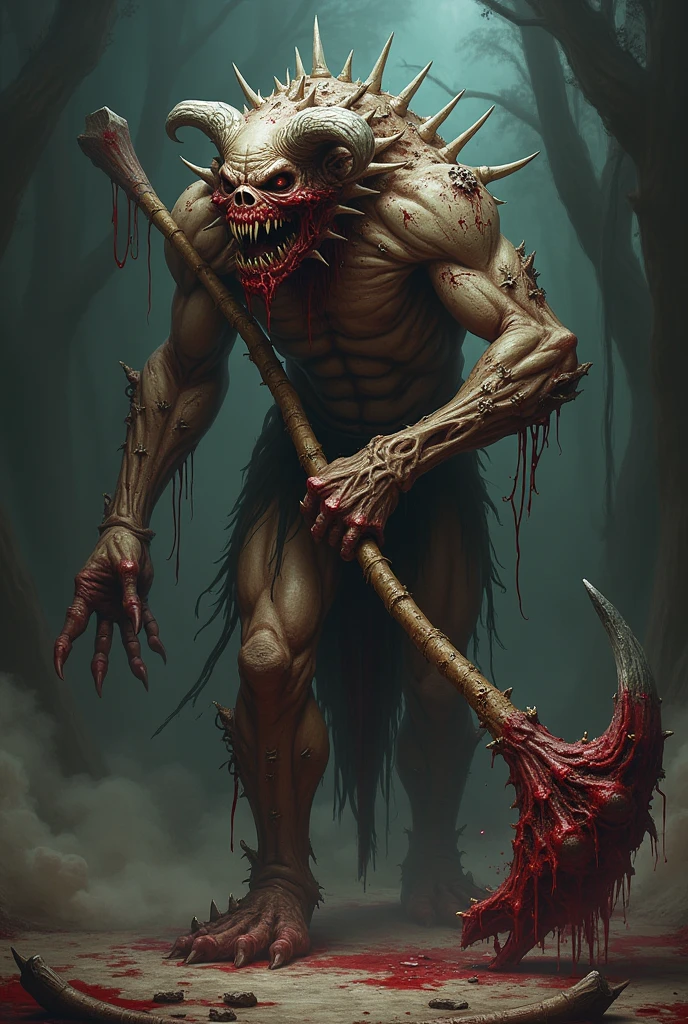 Very scary and ugly demon in the middle of a snow forest full of blood, with a human head in one hand and a cane in the other hand