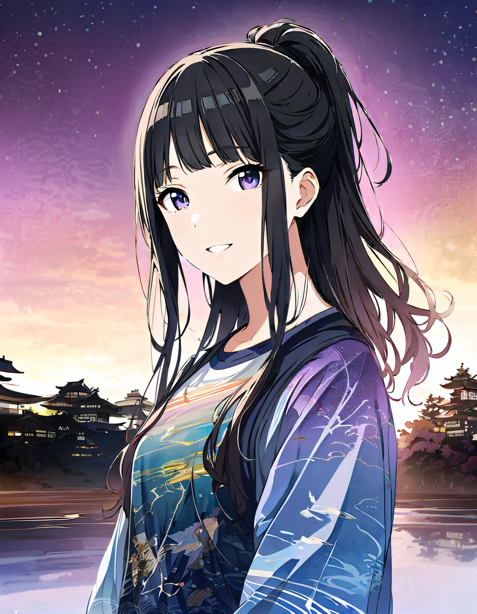 Silhouette of a girl, Lots of Japanese scenery , Modern Japanese Landscape, close, Double Exposure, Gradient Background, (((woman))), ((20 years old)), ((masterpiece)),(best quality),extremely detailed CG,unity 8k wallpaper,ultra detailed,beautiful detailed eyes,extremely detailed face,smile,black hair,sidelocks,blunt bangs,purple eyes,white eyes,no pupils,((joger pants)), (t-shirt), hinata(shippuden), ((hiori kazano)), idolmaster, Detailed eyes, long hair, ponytail, half updo, hair ornament,, (sweet woman), manwha style, cowboy shot, epic realistic