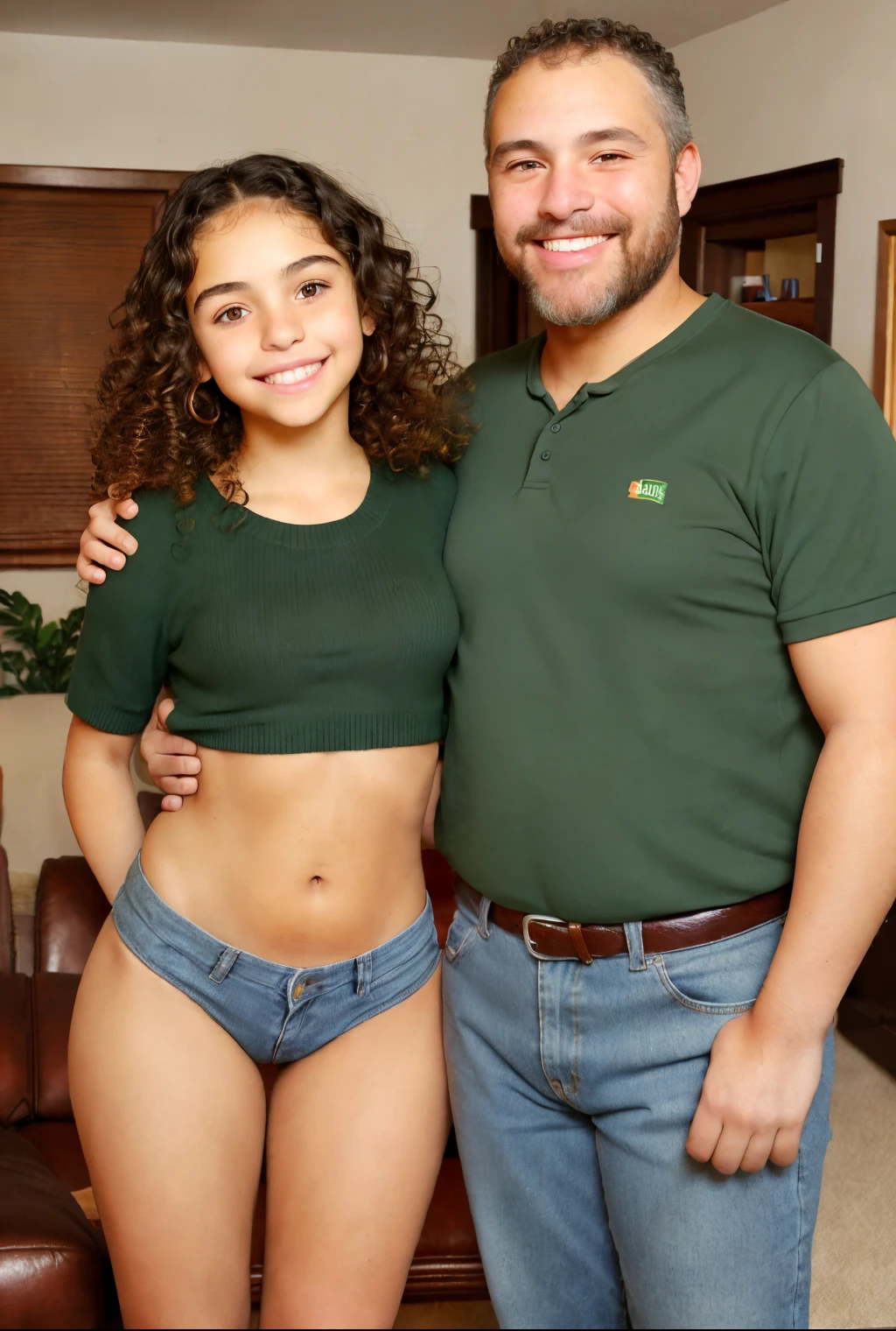 2 people, A ((Hispanic girl, ******************, slim, thigh gap, short, curvy, cute, round face, curly black hair, green eyes, smiling)), and her ((Caucasian step father, tall, strong, beard, masculine)), girl standing in front of a man, living room, couch