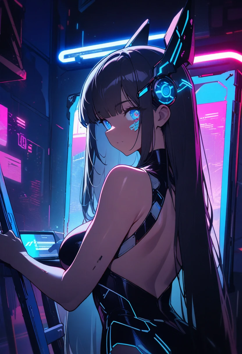 (masterpiece:1.3),(best quality:1.1) 1girl,medium hair,wince,narrow waist,night,bangs,straight hair,science fiction,neon lights,mechanical parts, glory wall pose,pussy,through wall,stationary restraints,public use,ass focus , neon light,neon sign,neon,LED,bottomless,wide spread legs,