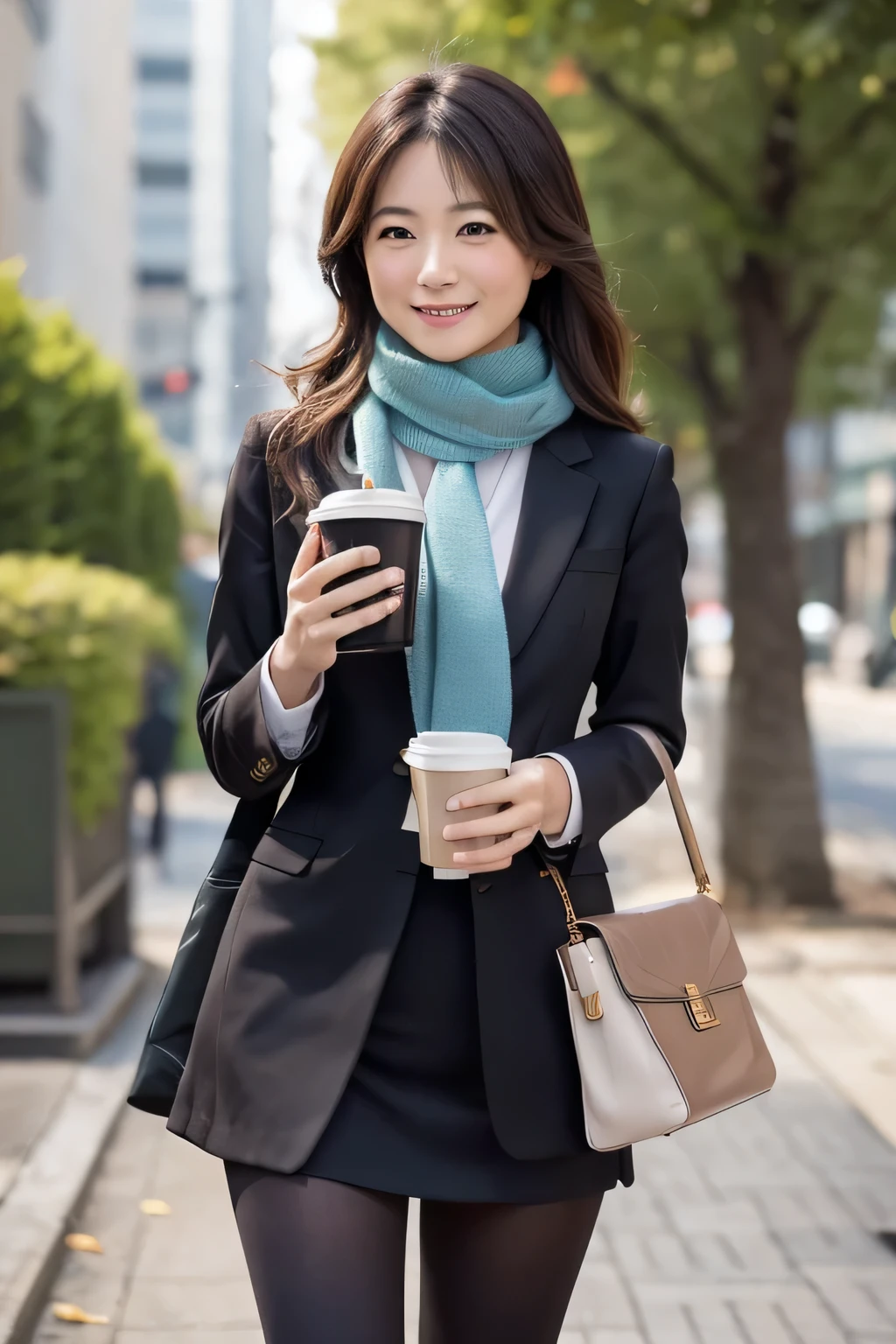 ((masterpiece)), Japanese, ((One secretary)), smile, Outdoor, ( black tights ), scarf, Starbucks Cup,  office suit、commute、(closeup to thighs), 