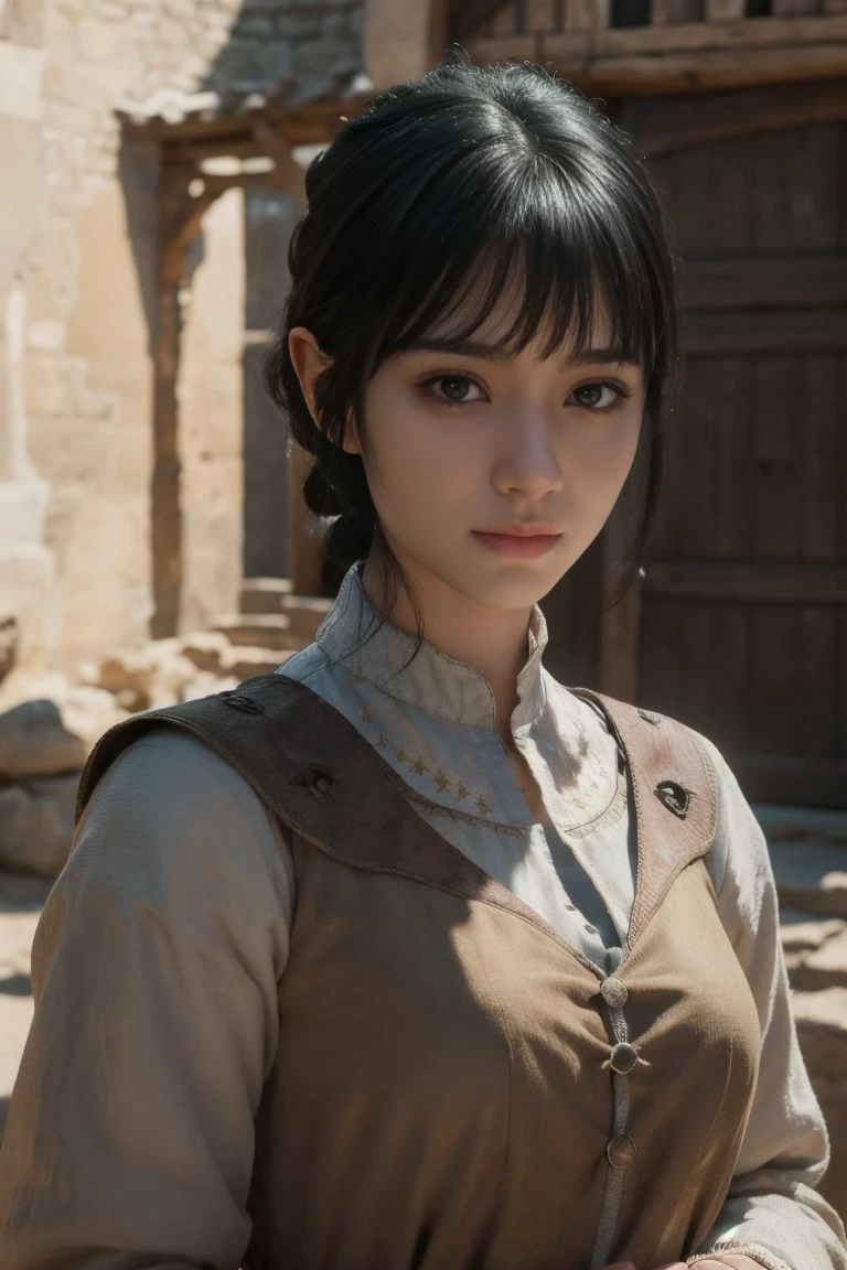 young medieval europeam peasant woman with black hair, 8k, medieval city, A beautiful adult woman with a soft face, perfect brown eyes, detailed face, long eyelashes, cinematic photorealistic lighting, (best quality,4k,8k,highres,masterpiece:1.2),ultra-detailed,(realistic,photorealistic,photo-realistic:1.37),cinematic