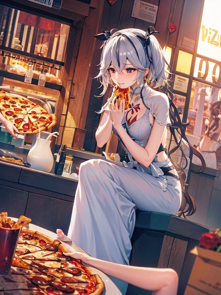 Eating pizza in Las Vegas in an elegant dress