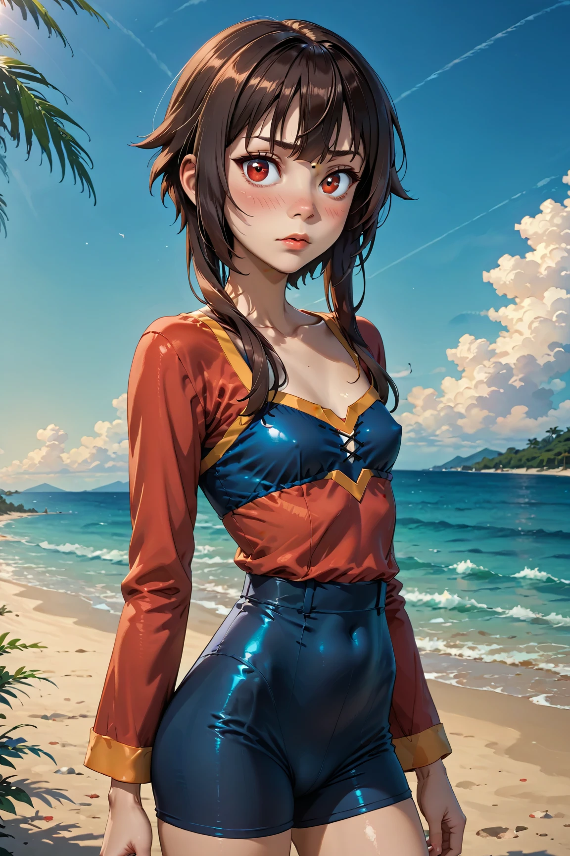 (highest quality:1.2, Very detailed, Latest, Vibrant, Super Detail, Ultra-high resolution, High Contrast, masterpiece:1.2, highest quality, Best aesthetics, there is:0.9), alone, (1 female), Megumin, short hair, black hair, (red eyes:1.3), short hair with long locks, minimal, 1girl, solo, red eyes, nose blush, shy, looking at viewer, tight round butt, cute overload, small breasts, slim figure, contrapposto, (beautiful sandy shore), (ocean in background), (beautiful blue sky),
