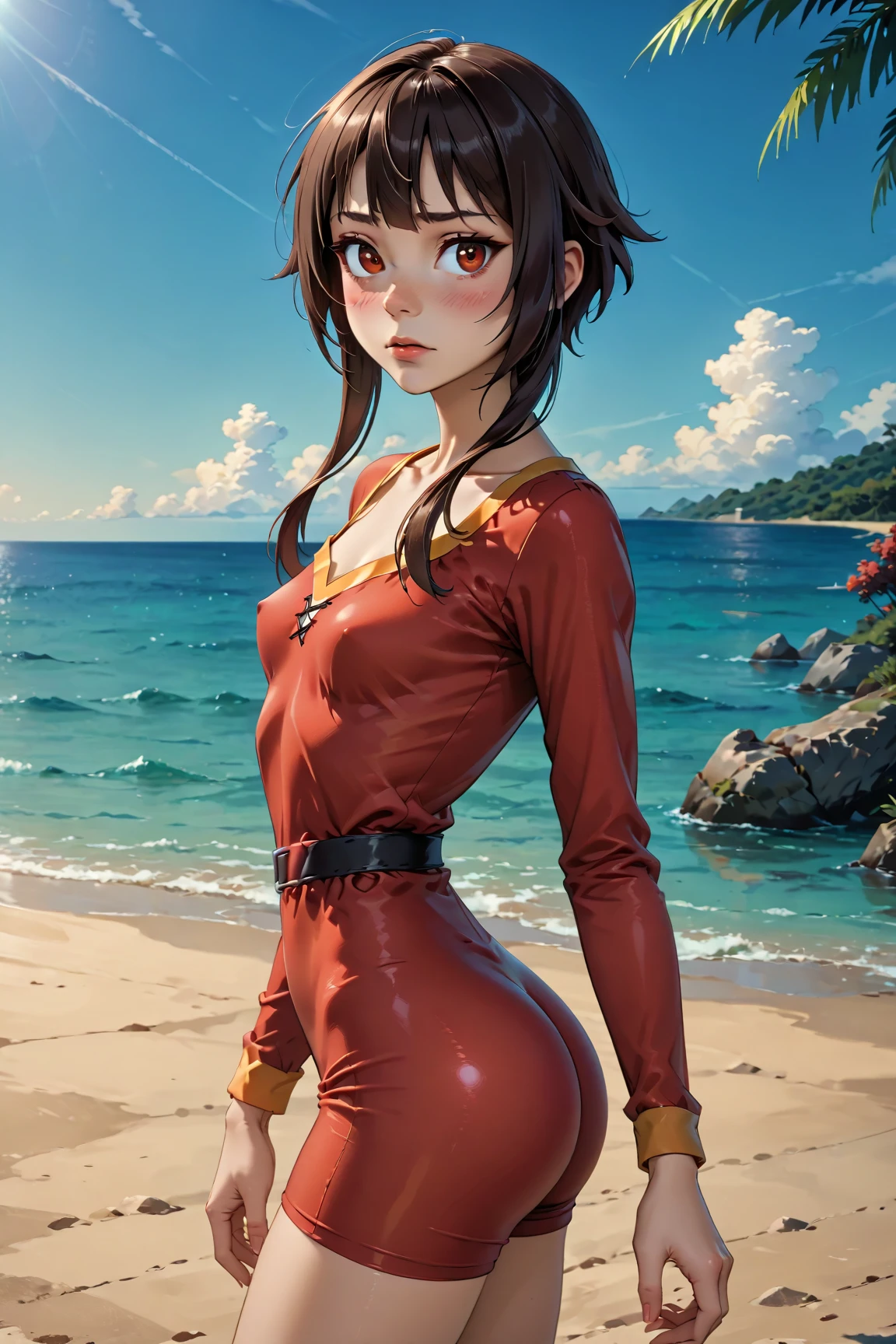 (highest quality:1.2, Very detailed, Latest, Vibrant, Super Detail, Ultra-high resolution, High Contrast, masterpiece:1.2, highest quality, Best aesthetics, there is:0.9), alone, (1 female), Megumin, short hair, black hair, (red eyes:1.3), short hair with long locks, minimal, 1girl, solo, red eyes, nose blush, shy, looking at viewer, tight round butt, cute overload, small breasts, slim figure, contrapposto, (beautiful sandy shore), (ocean in background), (beautiful blue sky),
