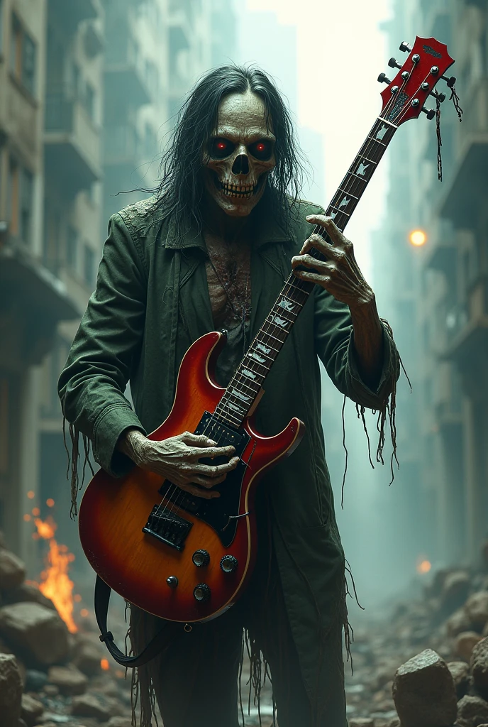 create an image of a scary full-length skull wearing black clothes with a backwards red cap and gold jewelry and a chain with the "TJ" pendant, smoking a cigarette and playing a Les Paul guitar next to a bottle of whiskey almost empty and a Harley Davidson motorcycle, with a wooden house on fire in the background of the image giving a feeling of complete chaos