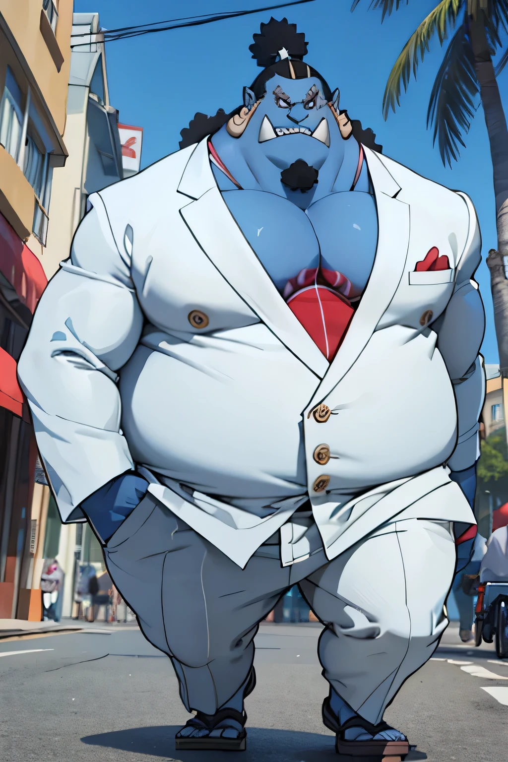 chubby man (jinbei) in street and wearing suits, smile, blue skin, muscular, pectoral, wide pectoral, beach, palm, realistic, 8k, masterpiece, (wearing white suits )
