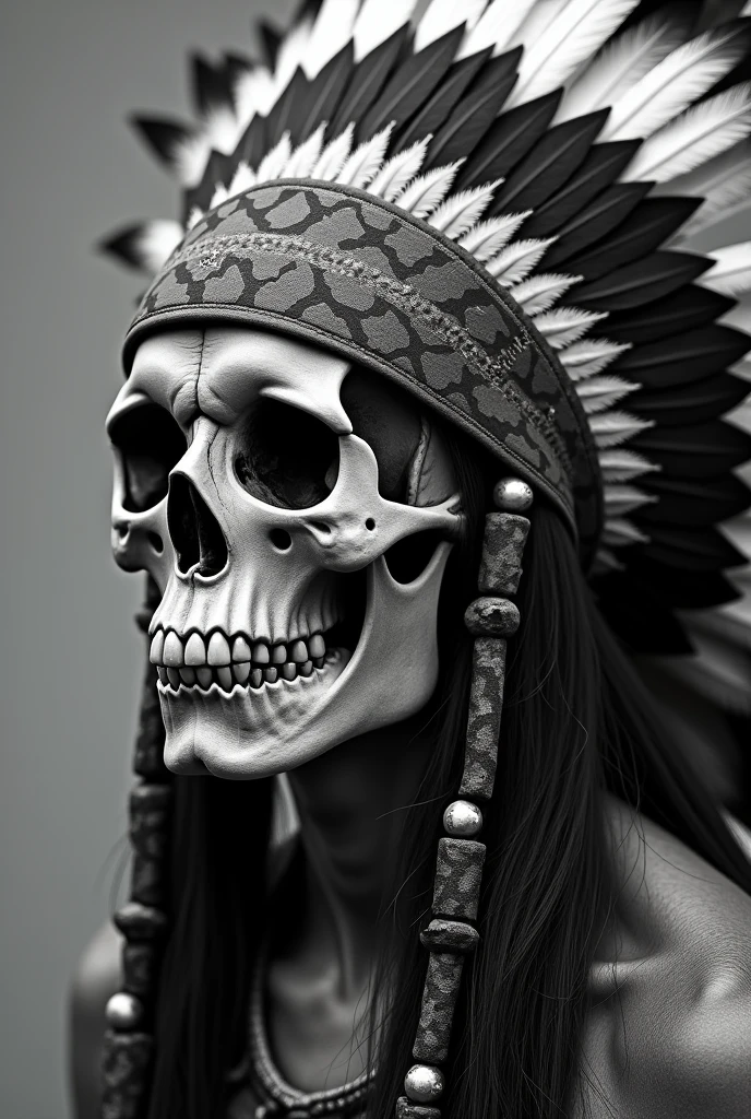 Side- centered potrait, red indian chief, war face, angry, big feather hat, black and white drawing. Clear background, skull face, fit to image