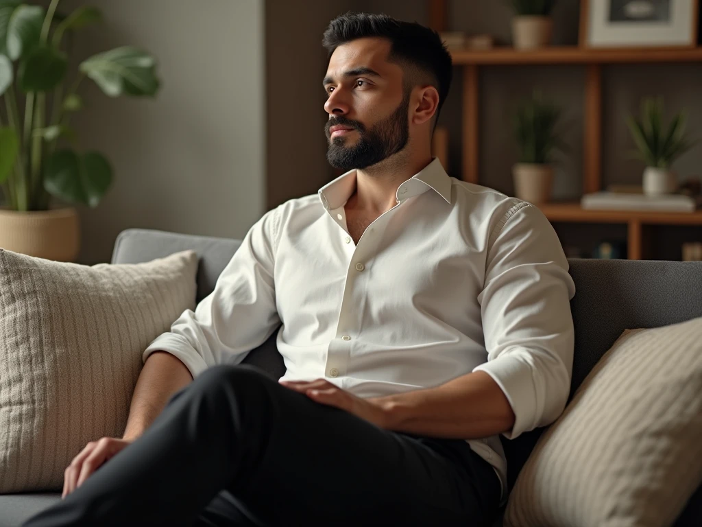 a a 35 yo man from United Arab Emirates in modern, lying in hotel chair, (best quality,4k,8k,highres,masterpiece:1.2),ultra-detailed,(photo-realistic:1.),HDR,extremely detailed face and body, portrait,cinematic lighting,soft lighting, not professional photo