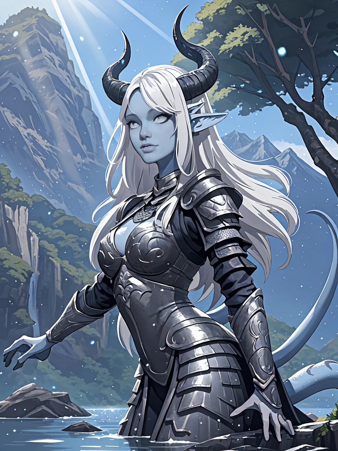 [1Tiefling , dark-sero-blue skin],  dynamic pose , 1girl  ,  ulybka, chainmail, light grey-black armor,  Protection on a thick blue tail,   closed mouth ,  long fat dragon tail,  grey-blue horns , light particles, Rays of light,    Long hair ,  pointy ears , demon girl,   One,  white hair, long bangs,  ( best quality, masterpiece,  supreme detail ) nature,   outdoors, path,  growing , stone, water, mountain lake,  sprawling tree , illustration, landscape. sky, clouds.
( ultra-detailed body ),  ( on a beautiful background:1.3), ( Complex Details ), ( dynamic angle )