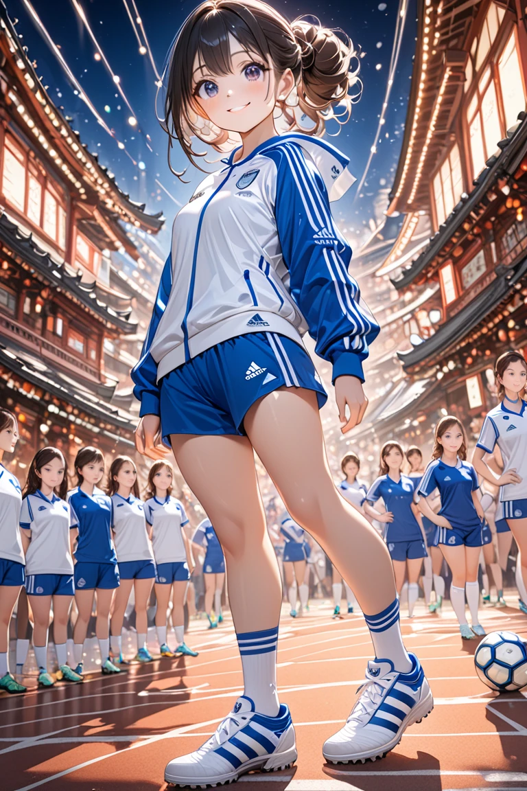  1 girl, beautiful detailed dark eyes ,  beautiful detailed face ,Beautiful soccer girl playing , full body image 、Cute standing posture、I'm taking a pose、adidas、Soccer uniform appearance、 white soccer uniform、Blue soccer shorts、 white soccer socks that stretch to the knee、 Bright smile, Look up, , Lantern Festival,  great quality, masterpiece, Advanced Details, 4K UHD,