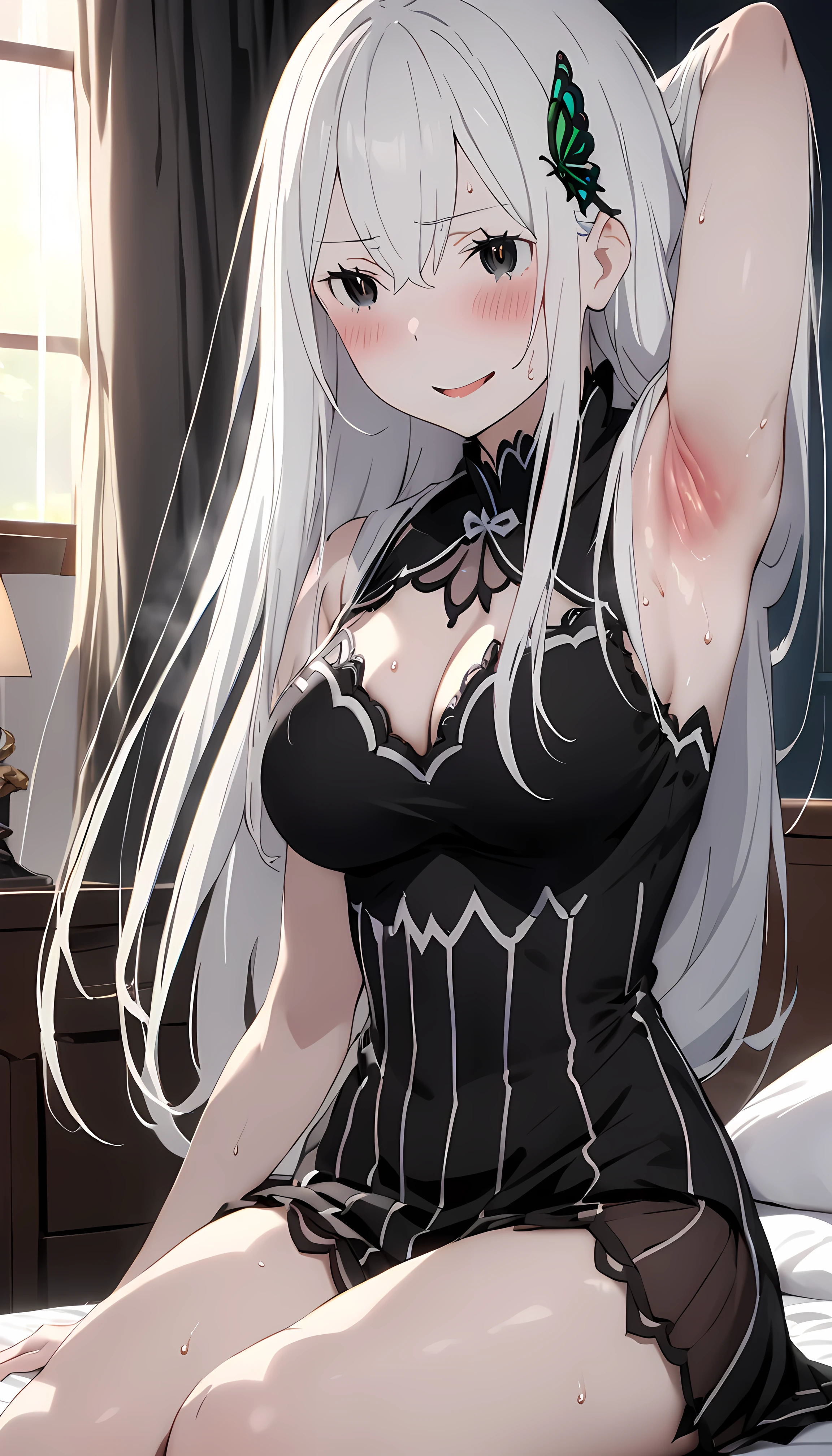 (masterpiece:1.2),(live-action:1.2)hyper detail, best quality, (intricate_details:1.1), beautiful detailed, beautiful hair,white hair,long hair,1girl,(echidna:1.1),(Re:Zero:1.1),heavy breathing,shoulder,cleavage,backlighting,medium breasts,from front,throw,girl sitting on bed,sweat skin,bed room,black dress,(charcoal eyes:1.1),butterfly hair ornament,we have,smile,blush,(armpit:1.1),steam,sweat