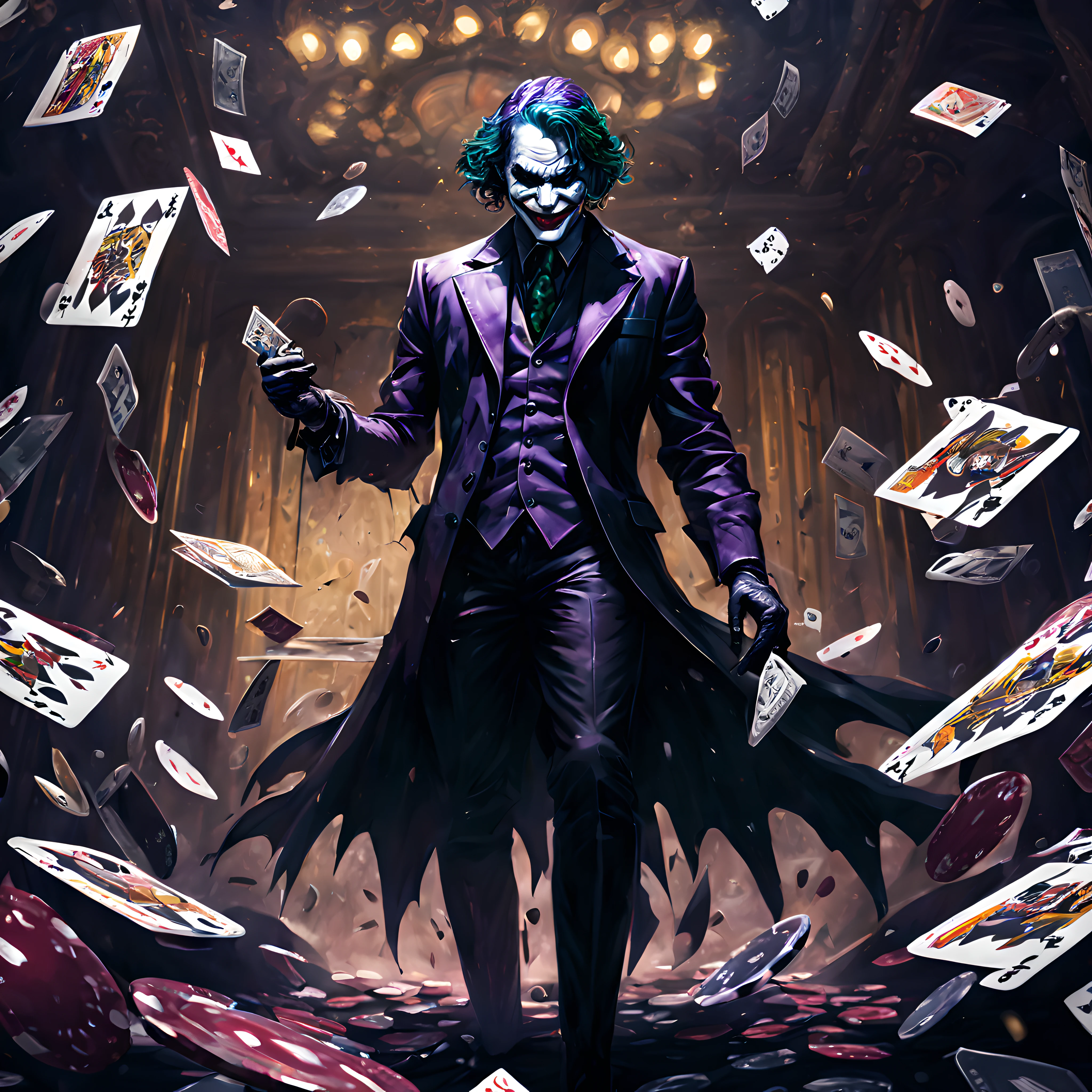 Joker, card, splash playing lots of cards background, at casino, wearing death metal band look, card, dollars, coins, Gotham、