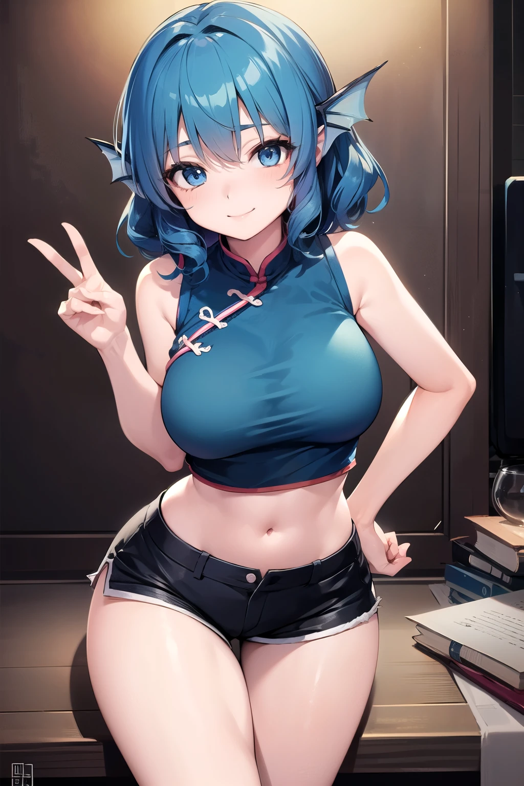 wakasagihime, 1women, age 20, big breast, blue hair, short hair, blue eyes, head fins, open short shorts, sleeveless midriff, Chinese clothes, seductive smile, masterpiece, best quality.