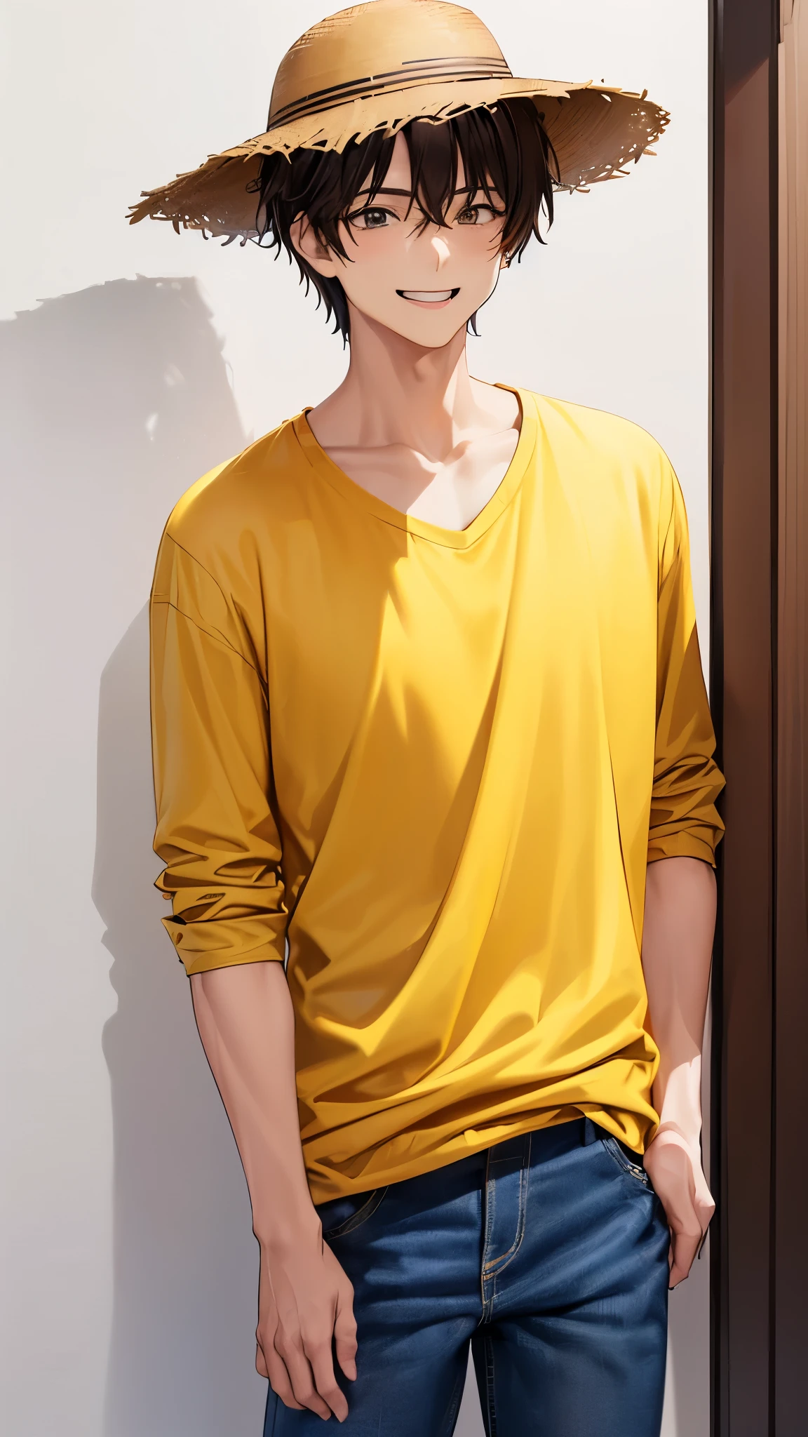 (((The background is a pure white wall)))、masterpiece, best quality, Impasto, Alone, 1 male,, 25-year-old male, black hair, Shorthair、 (((Yellow Ron T )))、((Long sleeve T-shirt )) , ((( wearing a t-shirt with letters written on it ))) Cowboy Shot , Standing Alone 、((( jeans)))、 Shorthair、(((Frame In)))、((( bucket hat)))、(( brown bucket hat ))、((( male solo shot )))、((( laughing)))、((( happy expression)))、(((Arms folded in front of chest)))、(((黄色のLong sleeve T-shirtを着ています)))、(((I'm wearing yellow clothes)))、(((I'm wearing a long-sleeved t-shirt)))、(((Brown Hair)))、(((Yellow clothes)))、(((Brown Hair)))