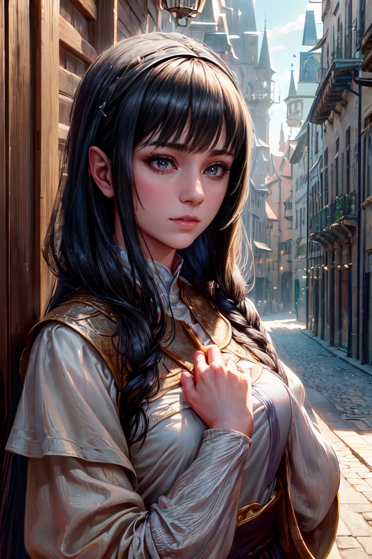 young medieval european peasant woman with long black hair, 8k, medieval city, A beautiful adult woman with a soft face, perfect brown eyes, detailed face, long eyelashes, cinematic photorealistic lighting, (best quality,4k,8k,highres,masterpiece:1.2),ultra-detailed,(realistic,photorealistic,photo-realistic:1.37),cinematic