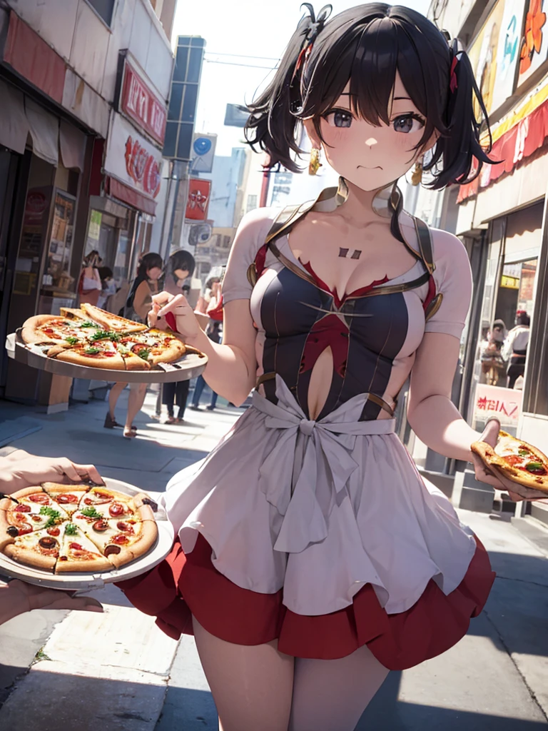 Eating pizza in Las Vegas in an elegant dress