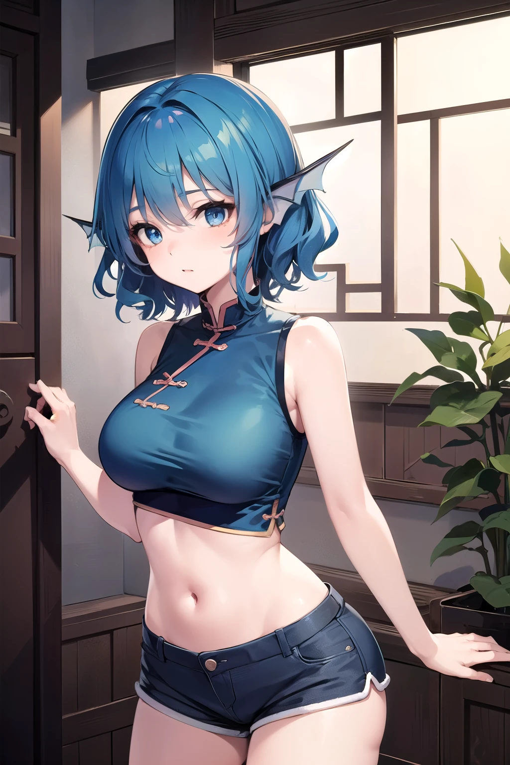 wakasagihime, 1women, age 20, big breast, blue hair, short hair, blue eyes, head fins, open short shorts, sleeveless midriff, Chinese clothes, standing, relaxed, masterpiece, best quality.