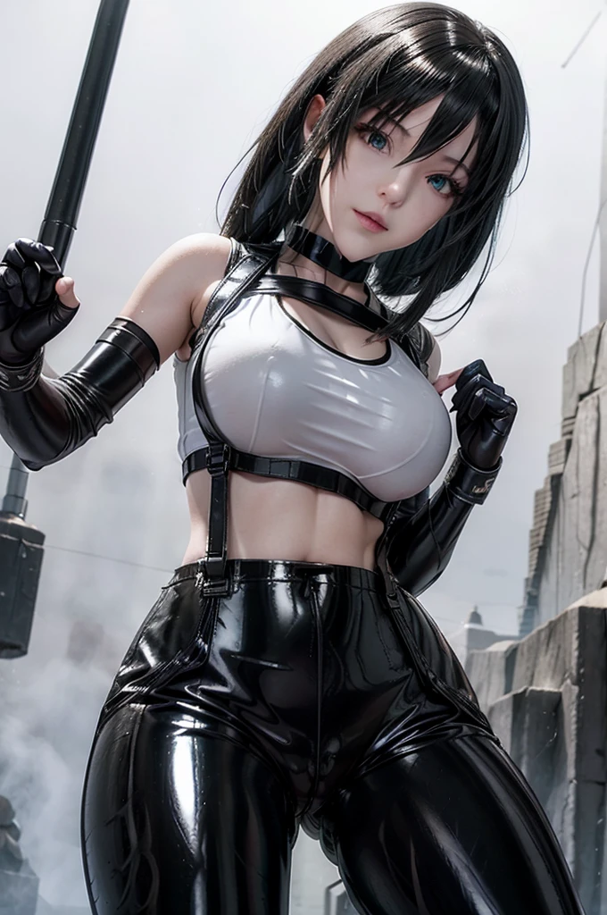 white simple background tifa Lockhart from final fantasy 7. black latex bra mini latex black shorts pants, body harness neck choker gloves latex stockings