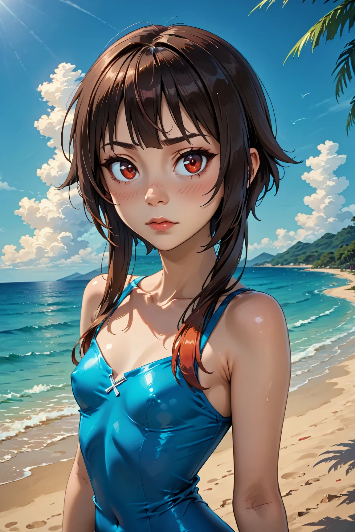 (highest quality:1.2, Very detailed, Latest, Vibrant, Super Detail, Ultra-high resolution, High Contrast, masterpiece:1.2, highest quality, Best aesthetics, there is:0.9), alone, (1 female), Megumin, short hair, black hair, (red eyes:1.3), short hair with long locks, minimal, 1girl, solo, red eyes, nose blush, shy, looking at viewer, tight round butt, cute overload, small breasts, slim figure, contrapposto, (beautiful sandy shore), (ocean in background), (beautiful blue sky),
