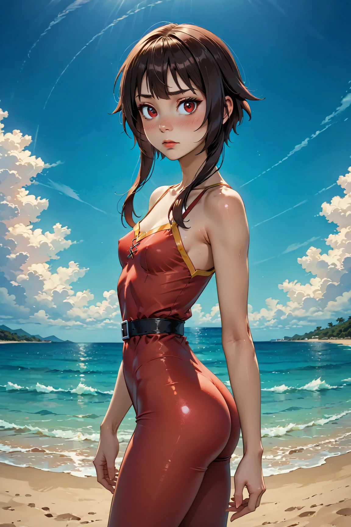 (highest quality:1.2, Very detailed, Latest, Vibrant, Super Detail, Ultra-high resolution, High Contrast, masterpiece:1.2, highest quality, Best aesthetics, there is:0.9), alone, (1 female), Megumin, short hair, black hair, (red eyes:1.3), short hair with long locks, minimal, 1girl, solo, red eyes, nose blush, shy, looking at viewer, tight round butt, cute overload, small breasts, slim figure, contrapposto, (beautiful sandy shore), (ocean in background), (beautiful blue sky),
