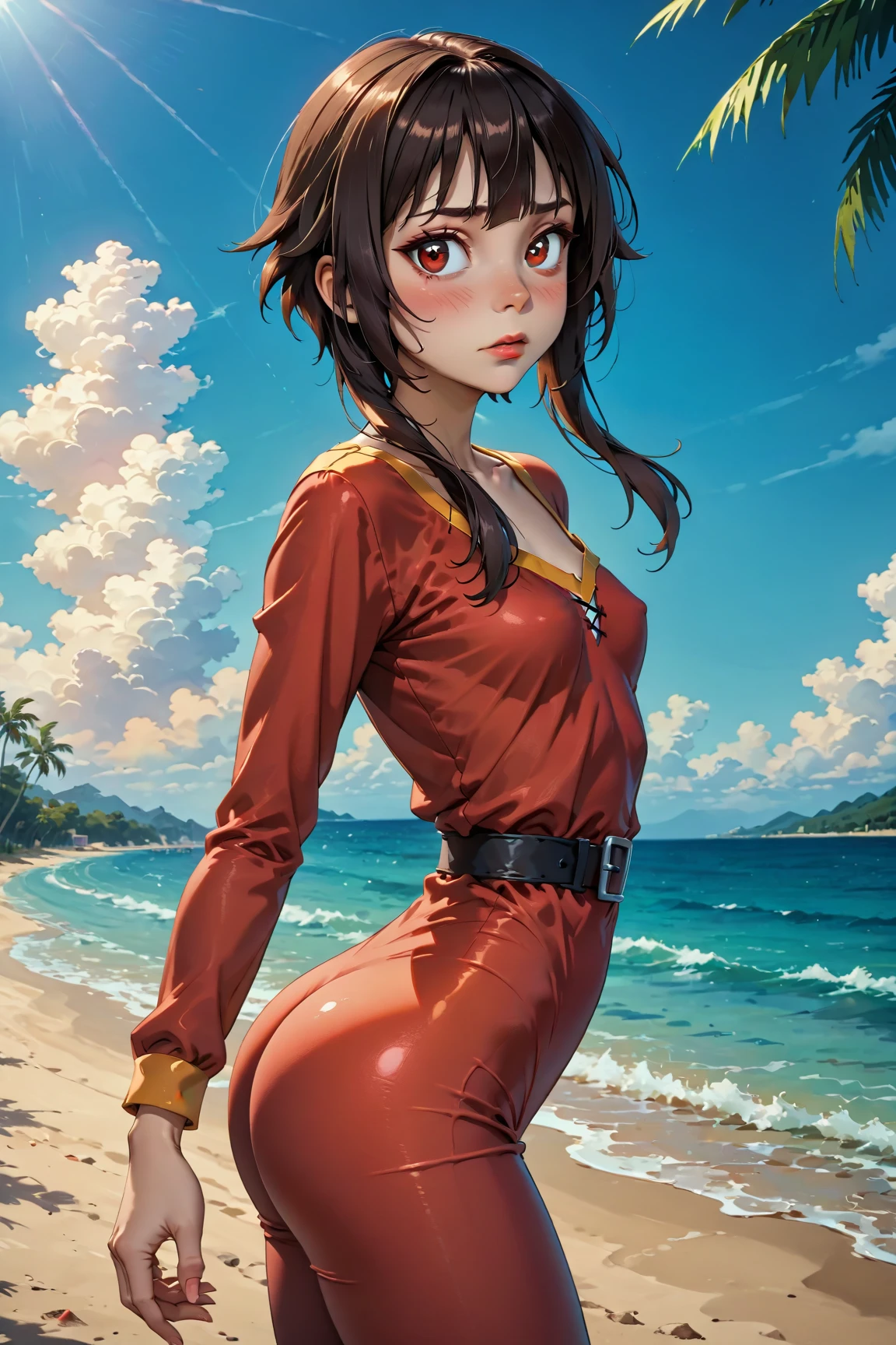 (highest quality:1.2, Very detailed, Latest, Vibrant, Super Detail, Ultra-high resolution, High Contrast, masterpiece:1.2, highest quality, Best aesthetics, there is:0.9), alone, (1 female), Megumin, short hair, black hair, (red eyes:1.3), short hair with long locks, minimal, 1girl, solo, red eyes, nose blush, shy, looking at viewer, tight round butt, cute overload, small breasts, slim figure, contrapposto, (beautiful sandy shore), (ocean in background), (beautiful blue sky),
