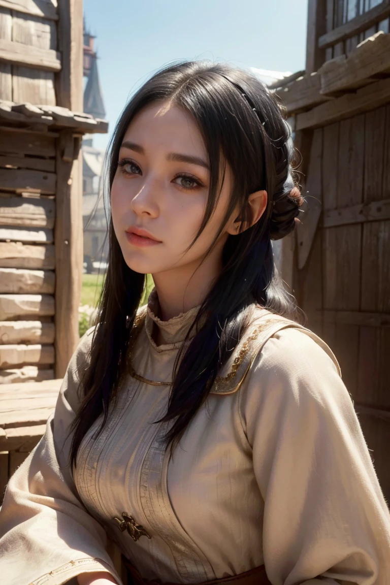 young medieval european peasant woman with long black hair, 8k, medieval city, A beautiful adult woman with a soft face, perfect brown eyes, detailed face, long eyelashes, cinematic photorealistic lighting, (best quality,4k,8k,highres,masterpiece:1.2),ultra-detailed,(realistic,photorealistic,photo-realistic:1.37),cinematic