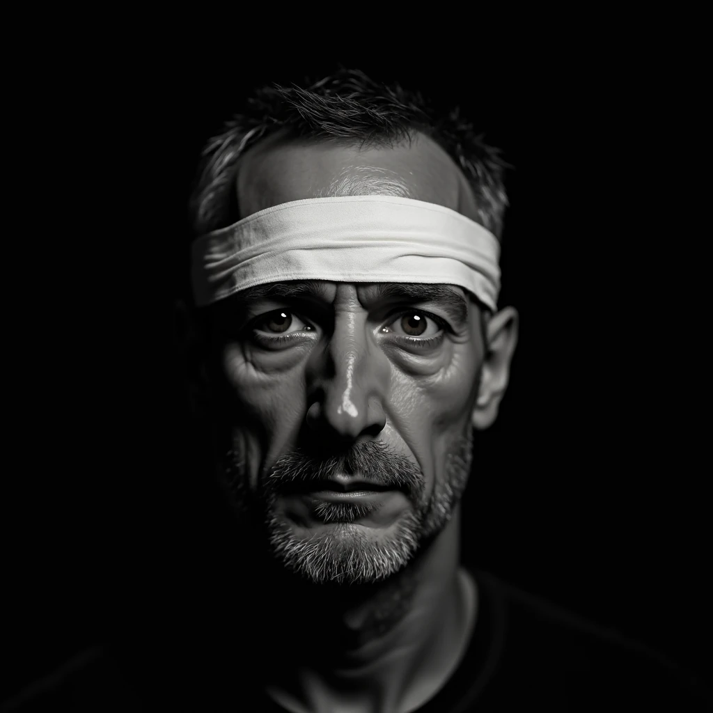 A 60-year-old man without a beard, full face, with a bandaged head