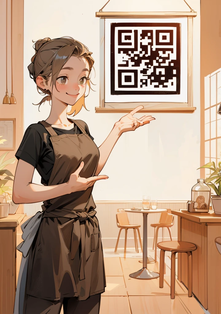 Banner for a cozy cafe featuring a woman with long hair tied back, wearing a black shirt, black pants, and a white apron. She is smiling warmly while holding a small square sign displaying a QR code, and she points to it in a friendly, welcoming manner. The background features warm, pastel tones such as peach, soft orange, and beige, creating a comforting and inviting atmosphere with cozy details like wooden furniture, potted plants, and soft lighting.