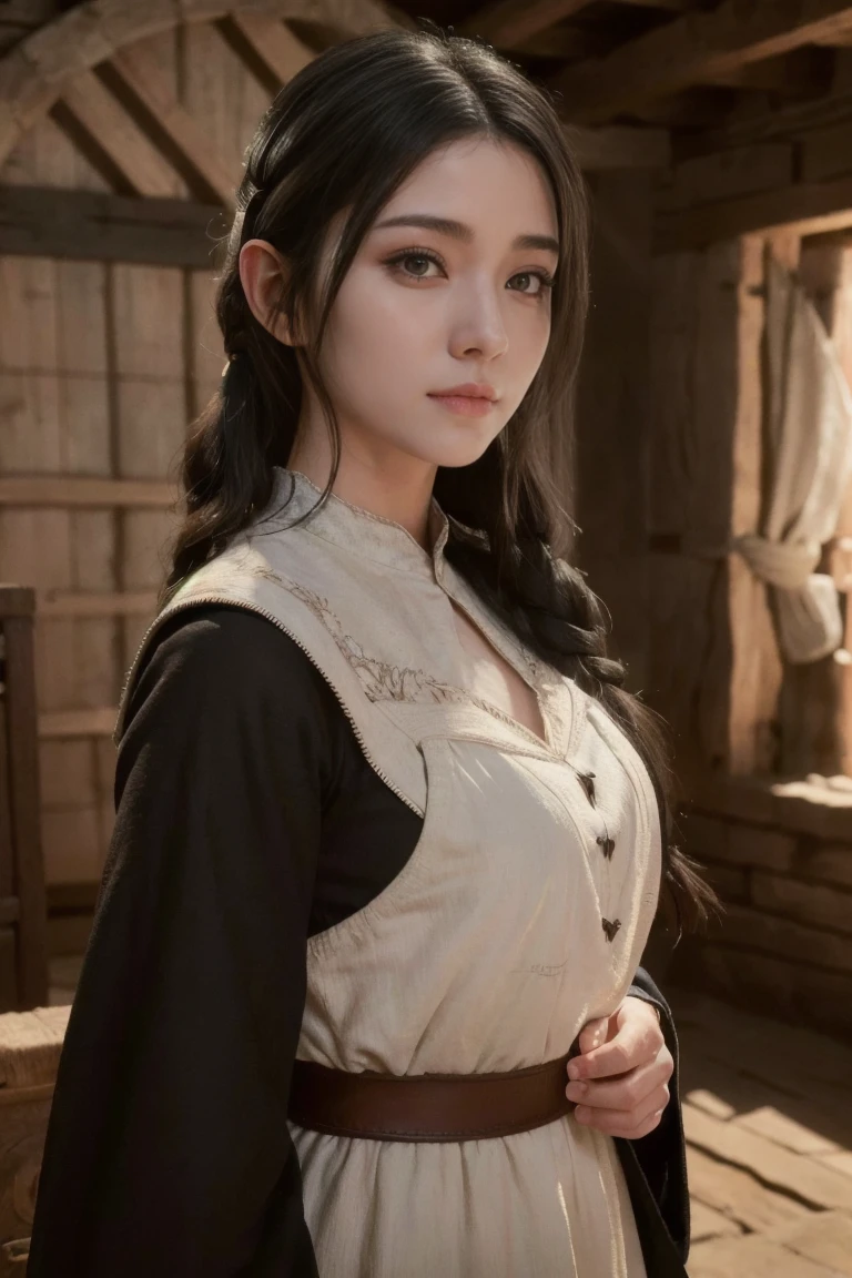 young medieval european peasant woman with long black hair, white skin, 8k, medieval city, A beautiful adult woman with a soft face, perfect brown eyes, detailed face, long eyelashes, cinematic photorealistic lighting, (best quality,4k,8k,highres,masterpiece:1.2),ultra-detailed,(realistic,photorealistic,photo-realistic:1.37),cinematic