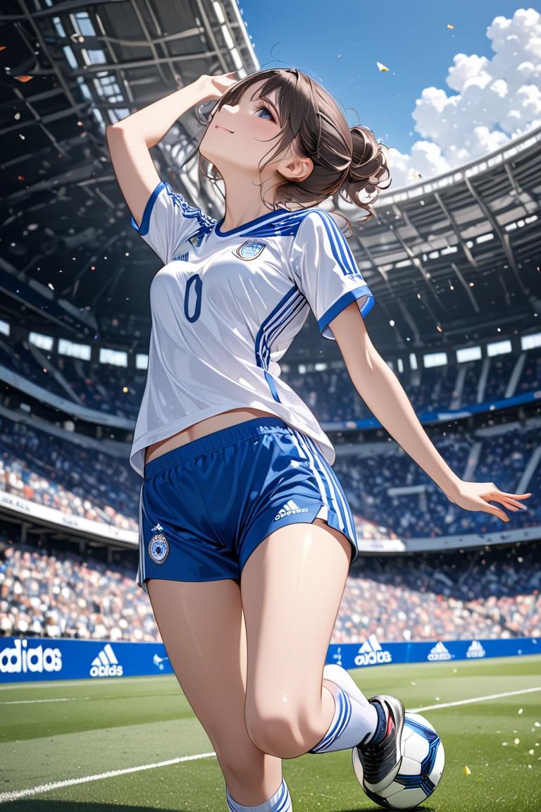  1 girl, beautiful detailed dark eyes ,  beautiful detailed face ,Beautiful soccer girl playing ,Adidas、Soccer uniform appearance、 white soccer uniform、Blue soccer shorts、 white soccer socks that stretch to the knee、Long legs、Adidasサッカーソックスの美しさ、 Bright smile, Look up, Soccer Stadium ,  great quality, masterpiece, Advanced Details, 4K UHD,