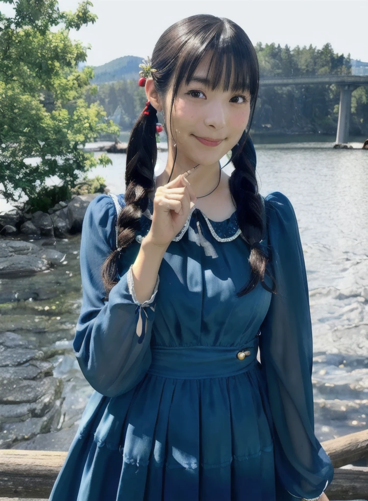 (8k, RAW photo, best quality, masterpiece:1.2),(realistic, photo-realistic:1.37), ultra-detailed,
1girl, sumip, solo, twintails, dress, looking at viewer, hair ornament, long hair, blue dress, long sleeves, smile, hand up, realistic, finger to mouth, index finger raised, voice actorï¼
cinematic lighting, (photo background:1.2)
