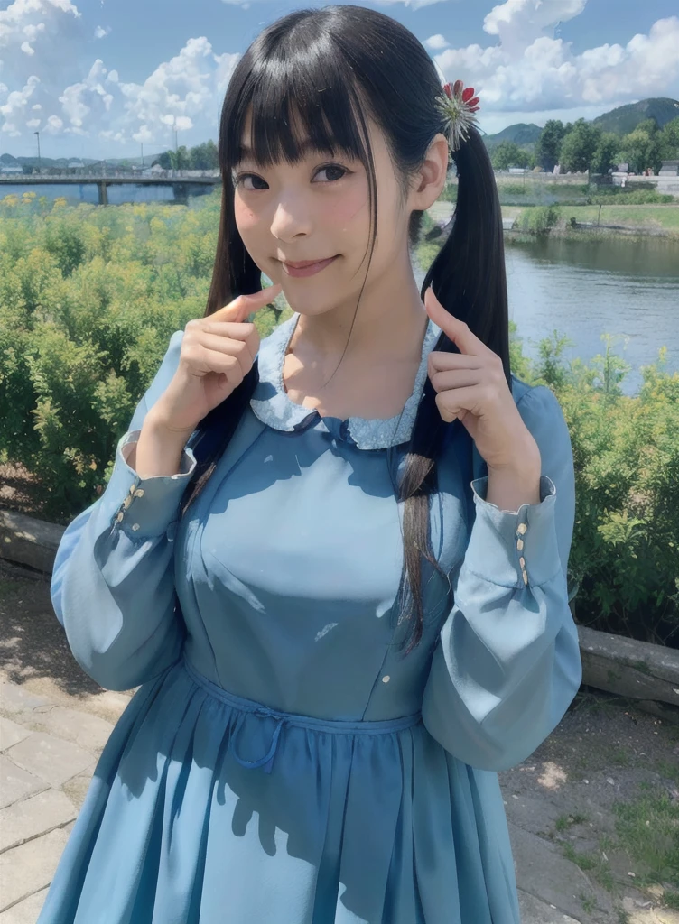 (8k, RAW photo, best quality, masterpiece:1.2),(realistic, photo-realistic:1.37), ultra-detailed,
1girl, sumip, solo, twintails, dress, looking at viewer, hair ornament, long hair, blue dress, long sleeves, smile, hand up, realistic, finger to mouth, index finger raised, voice actorï¼
cinematic lighting, (photo background:1.2)
