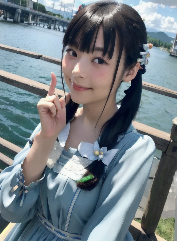 (8k, RAW photo, best quality, masterpiece:1.2),(realistic, photo-realistic:1.37), ultra-detailed,
1girl, sumip, solo, twintails, dress, looking at viewer, hair ornament, long hair, blue dress, long sleeves, smile, hand up, realistic, finger to mouth, index finger raised, voice actorï¼
cinematic lighting, (photo background:1.2)
