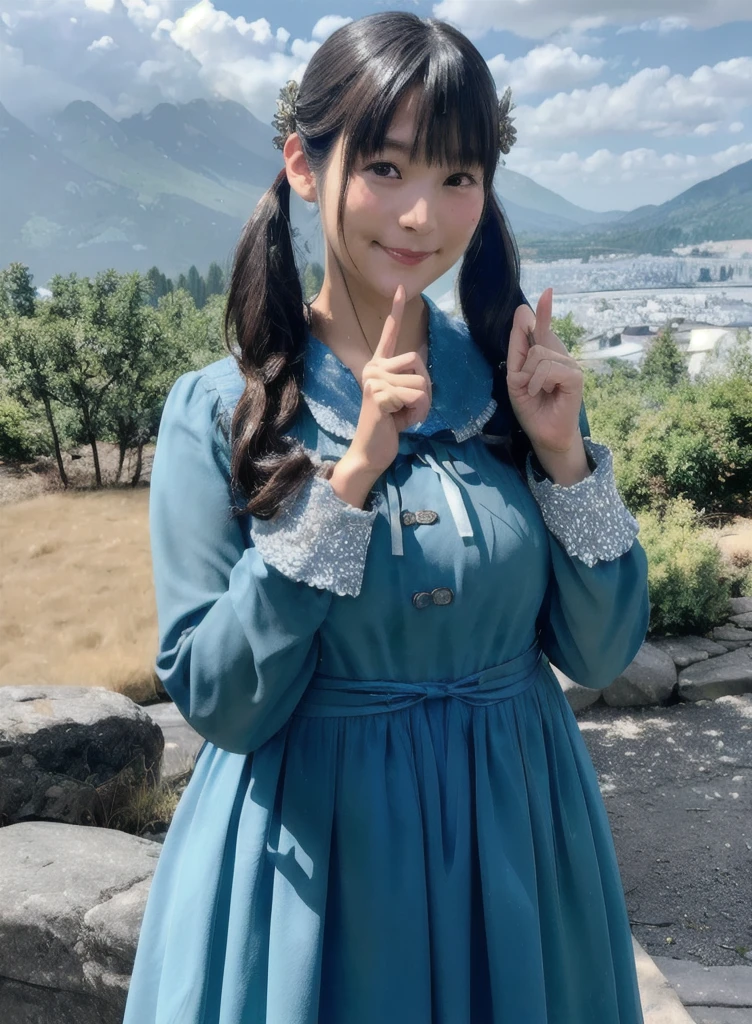 (8k, RAW photo, best quality, masterpiece:1.2),(realistic, photo-realistic:1.37), ultra-detailed,
1girl, sumip, solo, twintails, dress, looking at viewer, hair ornament, long hair, blue dress, long sleeves, smile, hand up, realistic, finger to mouth, index finger raised, voice actorï¼
cinematic lighting, (photo background:1.2)
