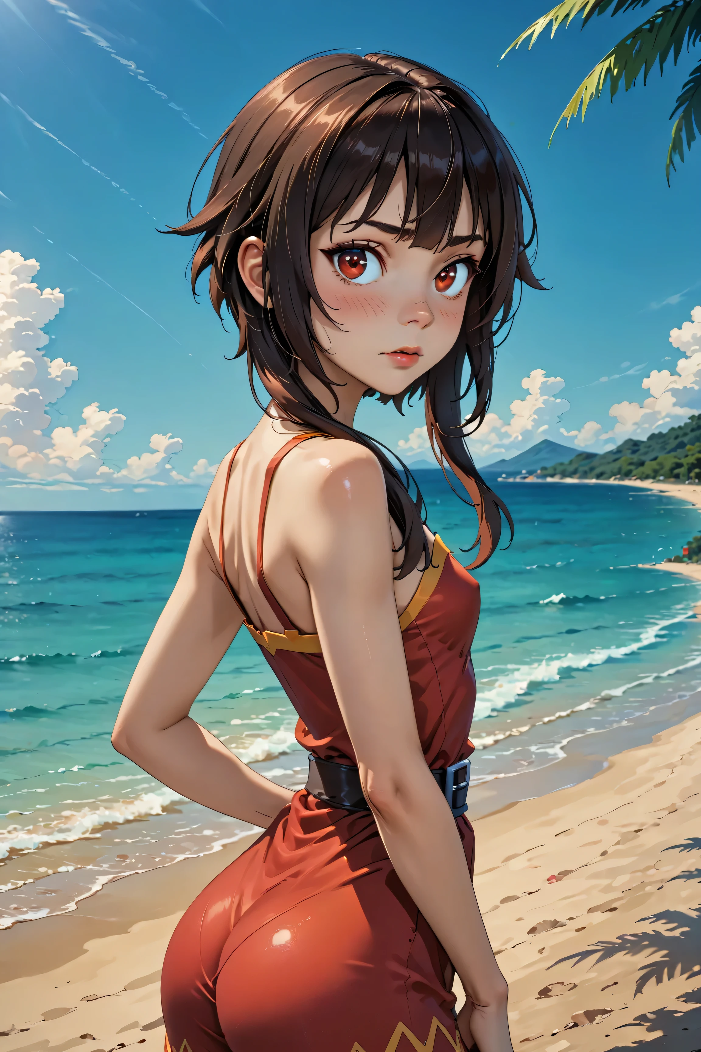 (highest quality:1.2, Very detailed, Latest, Vibrant, Super Detail, Ultra-high resolution, High Contrast, masterpiece:1.2, highest quality, Best aesthetics, there is:0.9), alone, (1 female), Megumin, short hair, black hair, (red eyes:1.3), short hair with long locks, minimal, 1girl, solo, red eyes, nose blush, shy, looking at viewer, tight round butt, cute overload, small breasts, slim figure, contrapposto, (beautiful sandy shore), (ocean in background), (beautiful blue sky),
