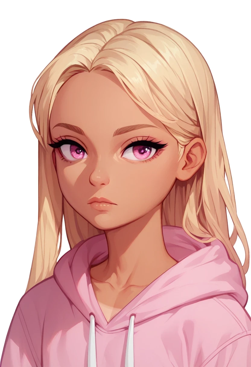 score_9, score_8_up, score_7_up, score_6_up, score_5_up, score_4_up, show accurate, (((portrait))), (solo), white background, (girl, younger), tanned, long blonde hair, pink eyes, expressionless, flat chest, pink hoodie,