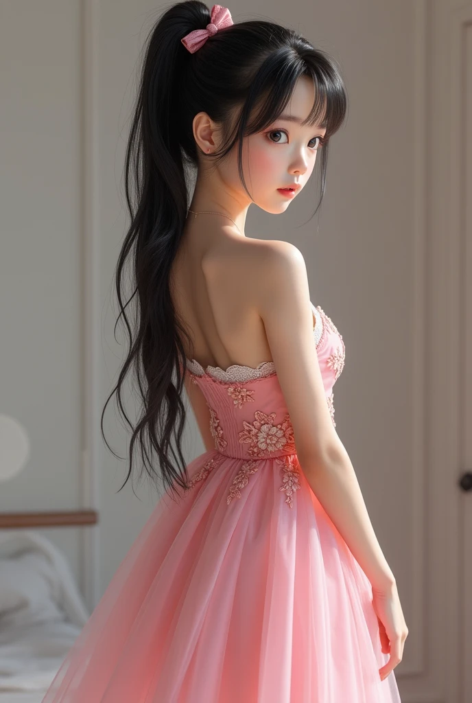 (masterpiece), (Highest quality), (Very detailed), (Dirty Hair), (figure), (1 Girl) (Long Pink Hair 1.5) (blue eyes) (Double Ponytail 2.0), ((((No shoulders))),Hanfu, (Looking at the audience, (interview), (Simple Background), Beautiful and delicate eyes, Delicate and beautiful face, Soar (High saturation), (Colorful Sparkling), Colorful bubbles, (Sparkling), Facial accents, Perfect NwsjMajic, Conservative dress, Shoulder less, Autumn Clothes, Facing the Public, Perfect figure,