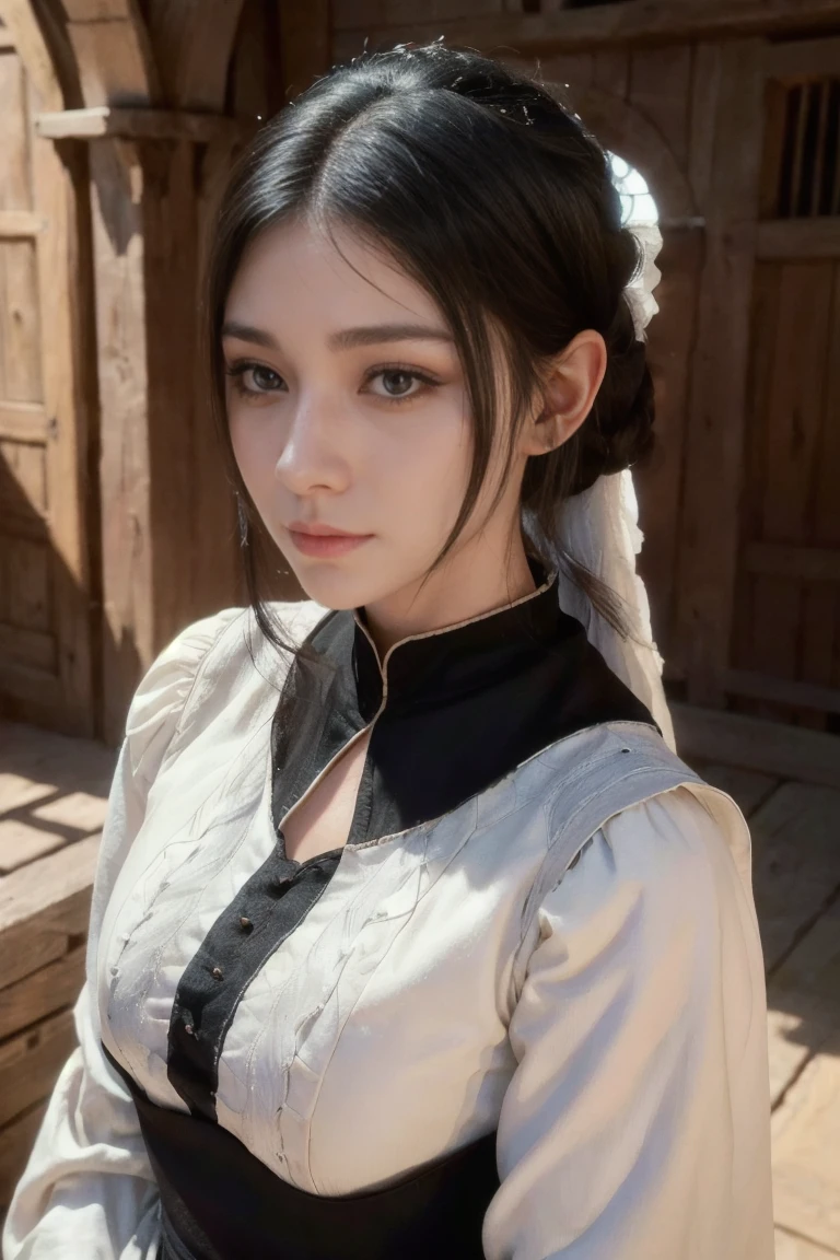 young medieval peasant woman with long black hair, pale white white skin, 8k, medieval city, A beautiful adult woman with a soft face, perfect brown eyes, detailed face, long eyelashes, cinematic photorealistic lighting, (best quality,4k,8k,highres,masterpiece:1.2),ultra-detailed,(realistic,photorealistic,photo-realistic:1.37),cinematic