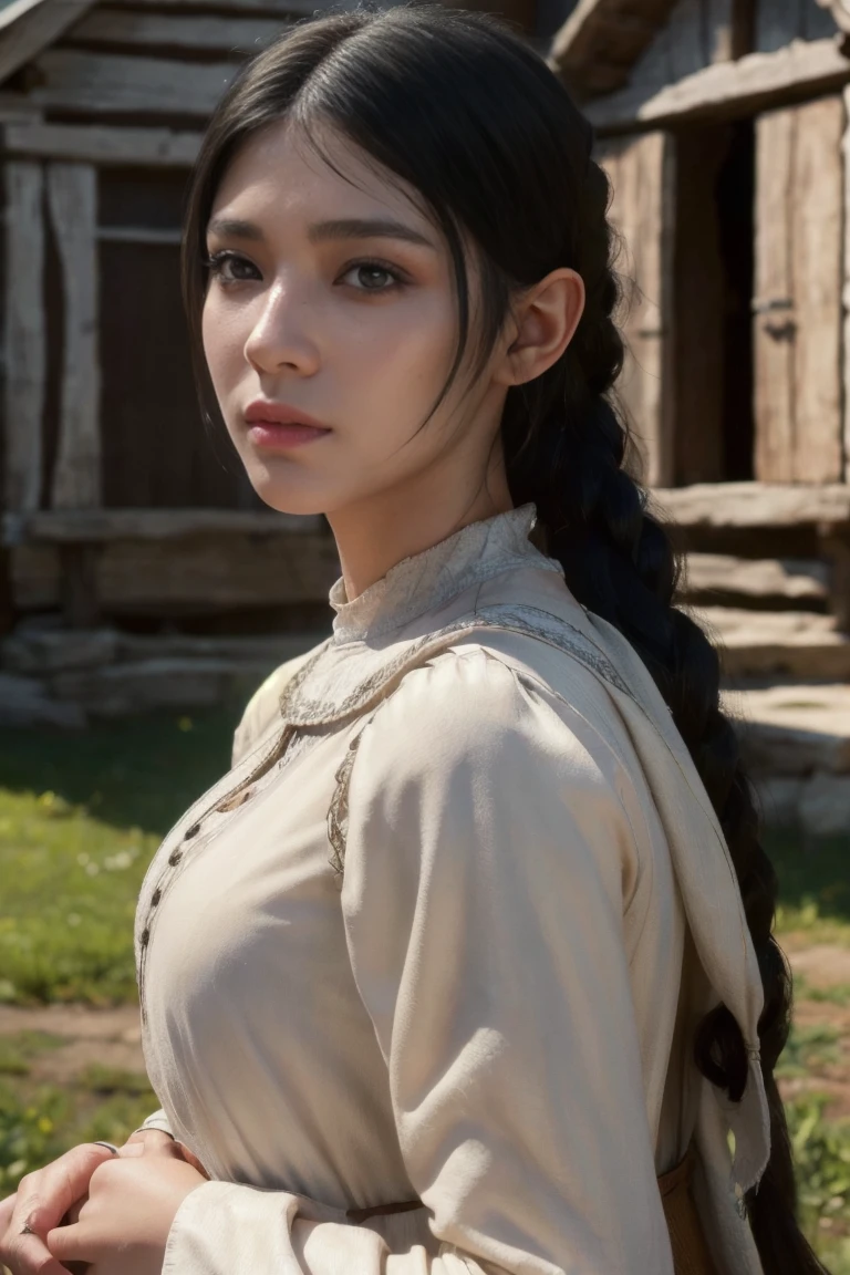 young medieval european peasant woman with long black hair, white skin, 8k, medieval city, A beautiful adult woman with a soft face, perfect brown eyes, detailed face, long eyelashes, cinematic photorealistic lighting, (best quality,4k,8k,highres,masterpiece:1.2),ultra-detailed,(realistic,photorealistic,photo-realistic:1.37),cinematic