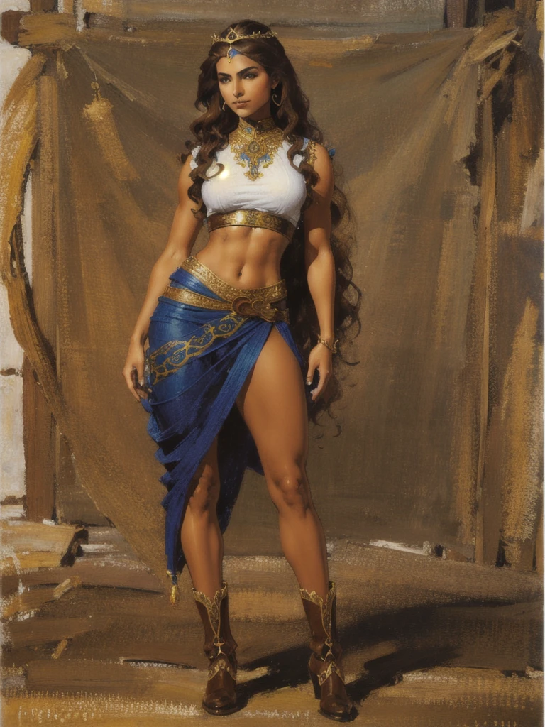 ((best quality)), ((4k)), ((highres)), ((masterpiece:1.2)). ((detailed)), ((ultra realistic)), ((intricate details)), ((full body picture)), ((character design sheet)), ((blank background)), a full body picture of a beautifull middle eastern female, arabic woman, fantasy warrior woman, fantasy odalisque woman, tall woman, fierce pose, perfect face, gorgeous face, detailed eyes, detailed lips, about 25 years old, about 6'0 ft. tall, long crisp curly bushy hair, brown hair, ((emphasis on her long crisp curly bushy brown hair)), slicked back hair, hourglass shaped body, dressed in a fantasy sleeveless desert clothing ((emphasis on her fantasy sleeveless desert clothing)), midriff, ((midriff)), multi-colored outfit, ((emphasis on multi-colored outfit)), boots, chain head tiara, fantasy concept art, fantasy character concept art, full body, full body concept art, full body art
