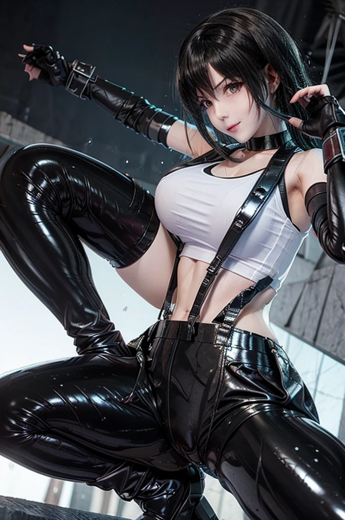 white simple background tifa Lockhart from final fantasy 7. black latex bra mini latex black shorts pants, body harness neck choker gloves latex stockings black latex outfit