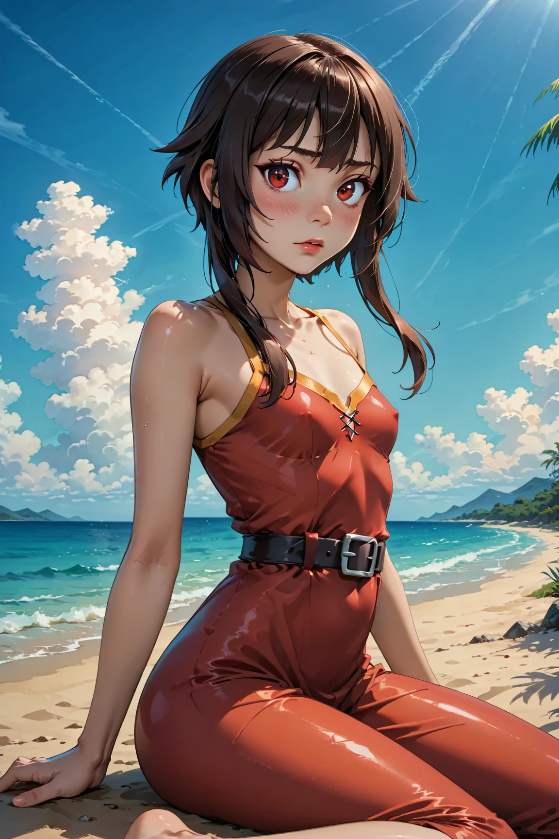 (highest quality:1.2, Very detailed, Latest, Vibrant, Super Detail, Ultra-high resolution, High Contrast, masterpiece:1.2, highest quality, Best aesthetics, there is:0.9), alone, (1 female), Megumin, short hair, black hair, (red eyes:1.3), short hair with long locks, minimal, 1girl, solo, red eyes, nose blush, shy, looking at viewer, tight round butt, cute overload, small breasts, slim figure, sitting, legs spread, (beautiful sandy shore), (ocean in background), (beautiful blue sky),
