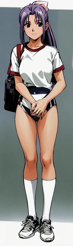 Momoko Koigakubo, a tall girl with beautiful legs, is standing with a smile on her face in a white gym uniform and light navy blue bloomers that look like panties.。Momoko Koigakubo is holding a small boy in a tracksuit standing next to her。