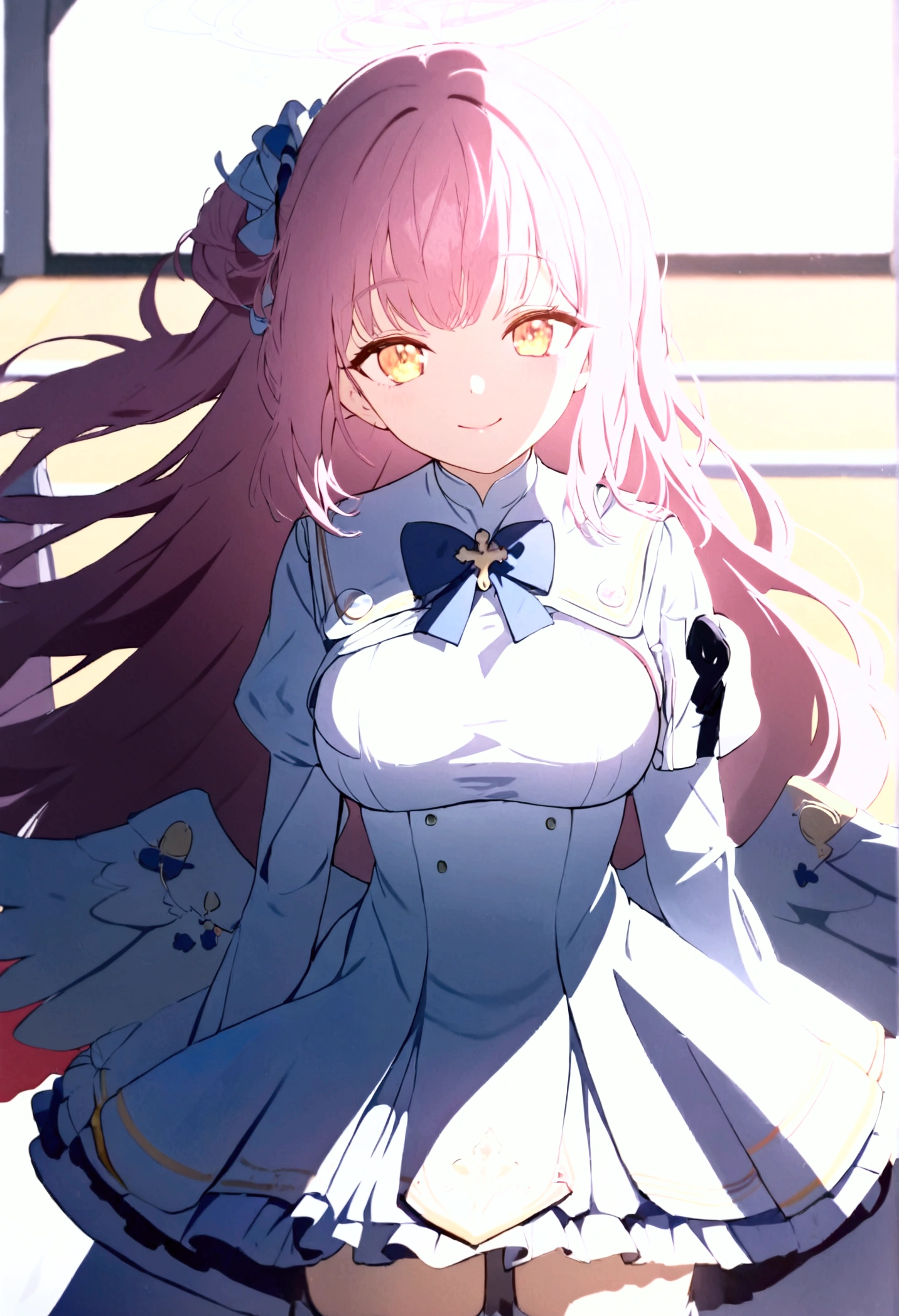 High image quality 、masterpiece、  High Quality   、Full HD、4K 、 depicting only one girl 、 looking at camera、Depict the whole body、Mika Mizono(blue archive)、 pink long hair  、  golden eyes、 slim、 big chest、 White angel wings from the waist、 pink halo with cross effect(Mika Mizono)、smile、 red cheeks 、White dress uniform 、 show me your thighs、 wearing white long boots、An empty gym、School with white walls 